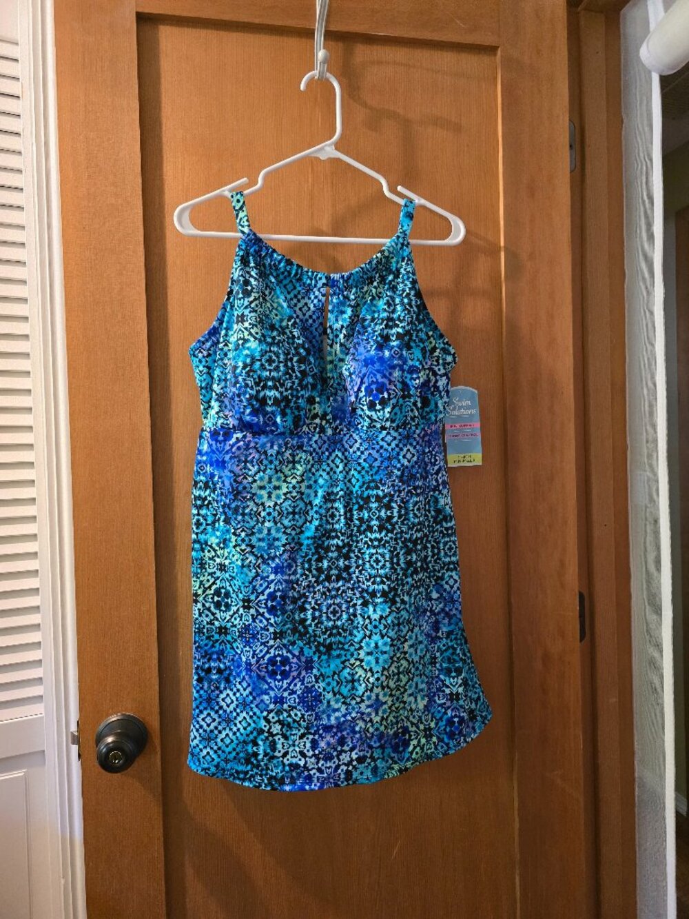 Swim Solutions NWT High Neck Keyhole Tankini Top – Blue Geometric Tile Swimsuit